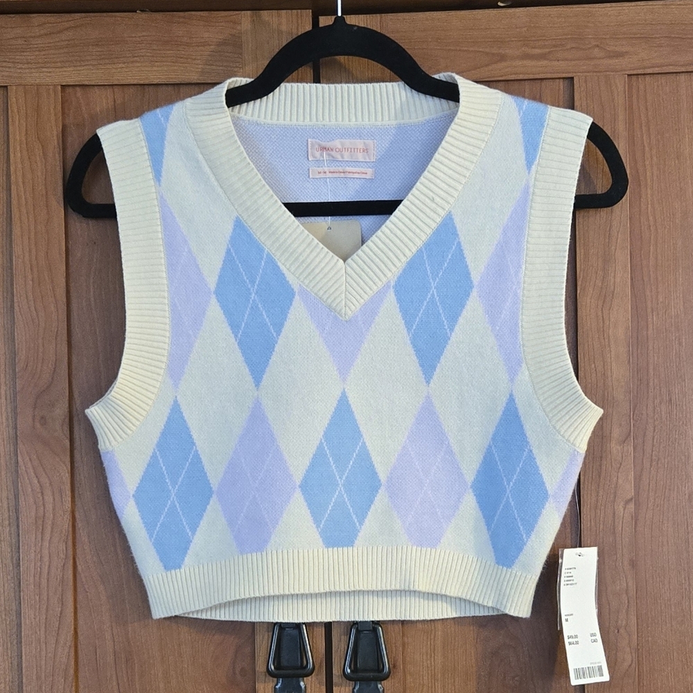 Urban Outfitters Blue and Purple Argyle Cropped V-Neck Sweater Vest